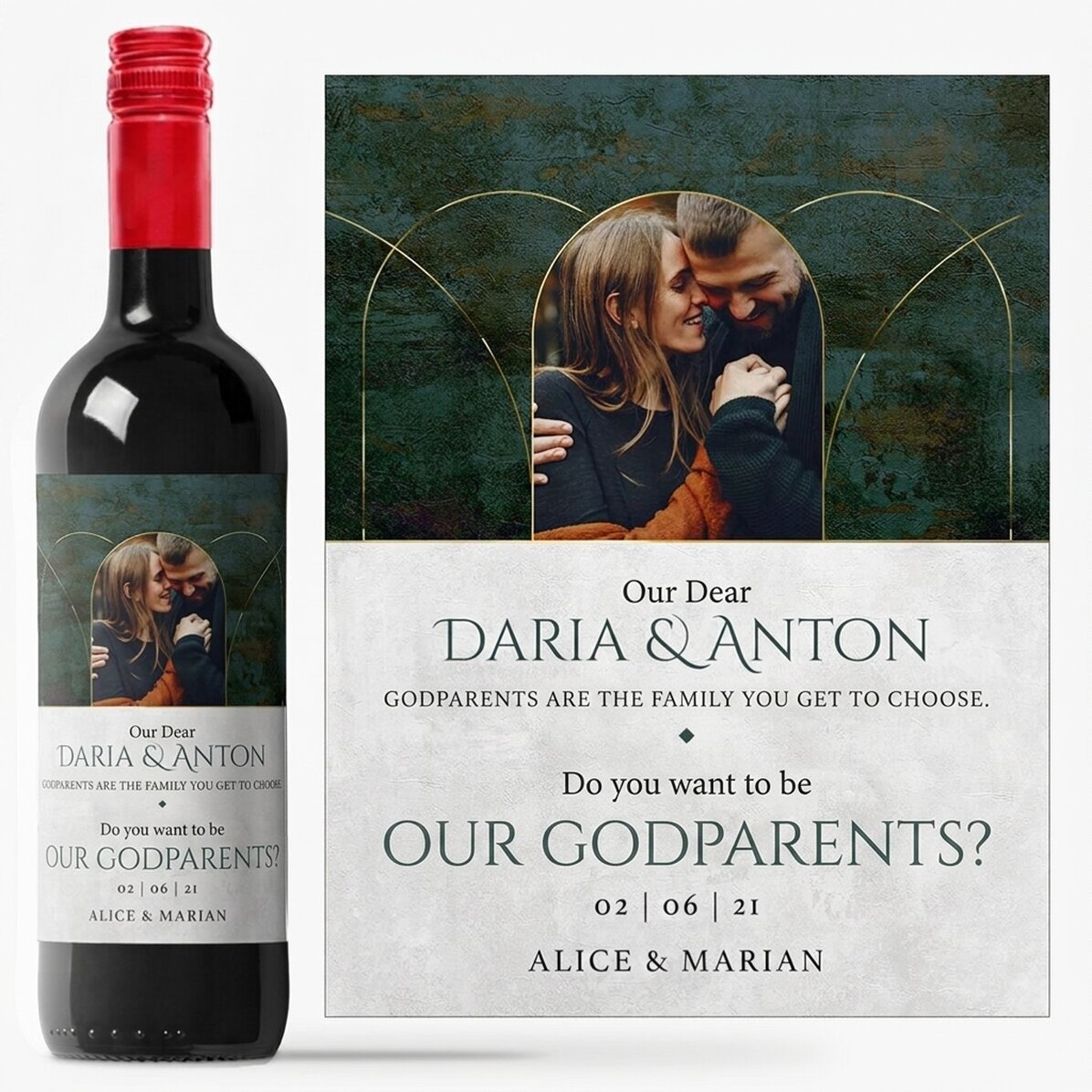 Personalised wine with text and 1 photo - Would you like to be our godparents?