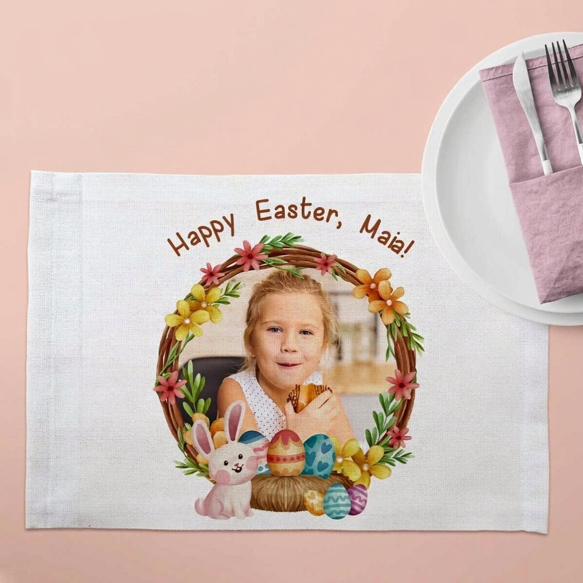 Personalised plate stand with a photo and text - Happy Easter!