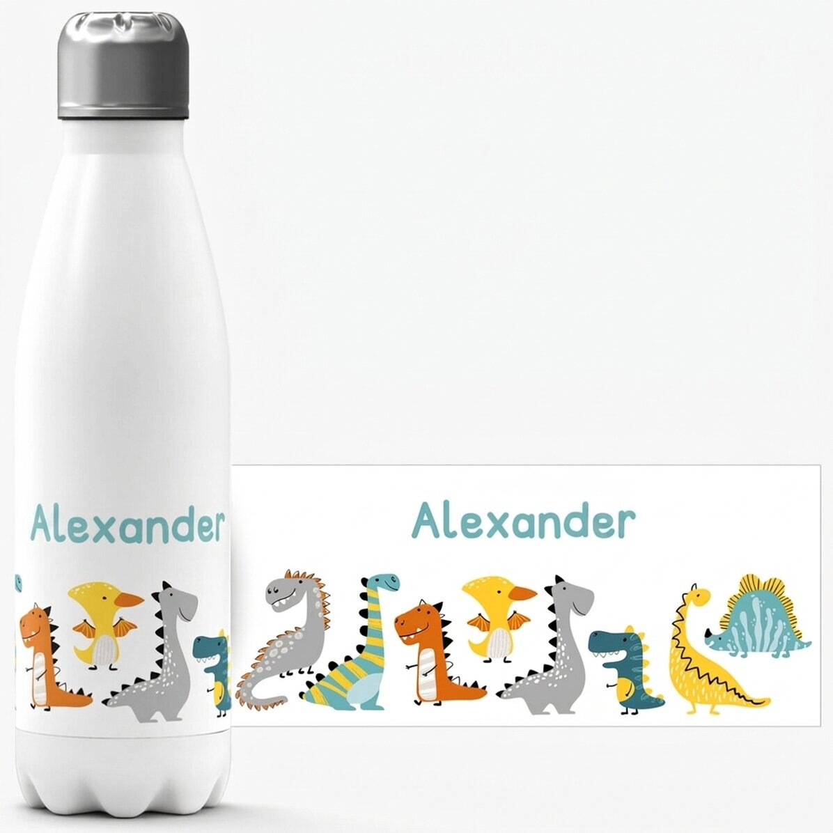 Thermos with white base personalised with name - Dinosaurs