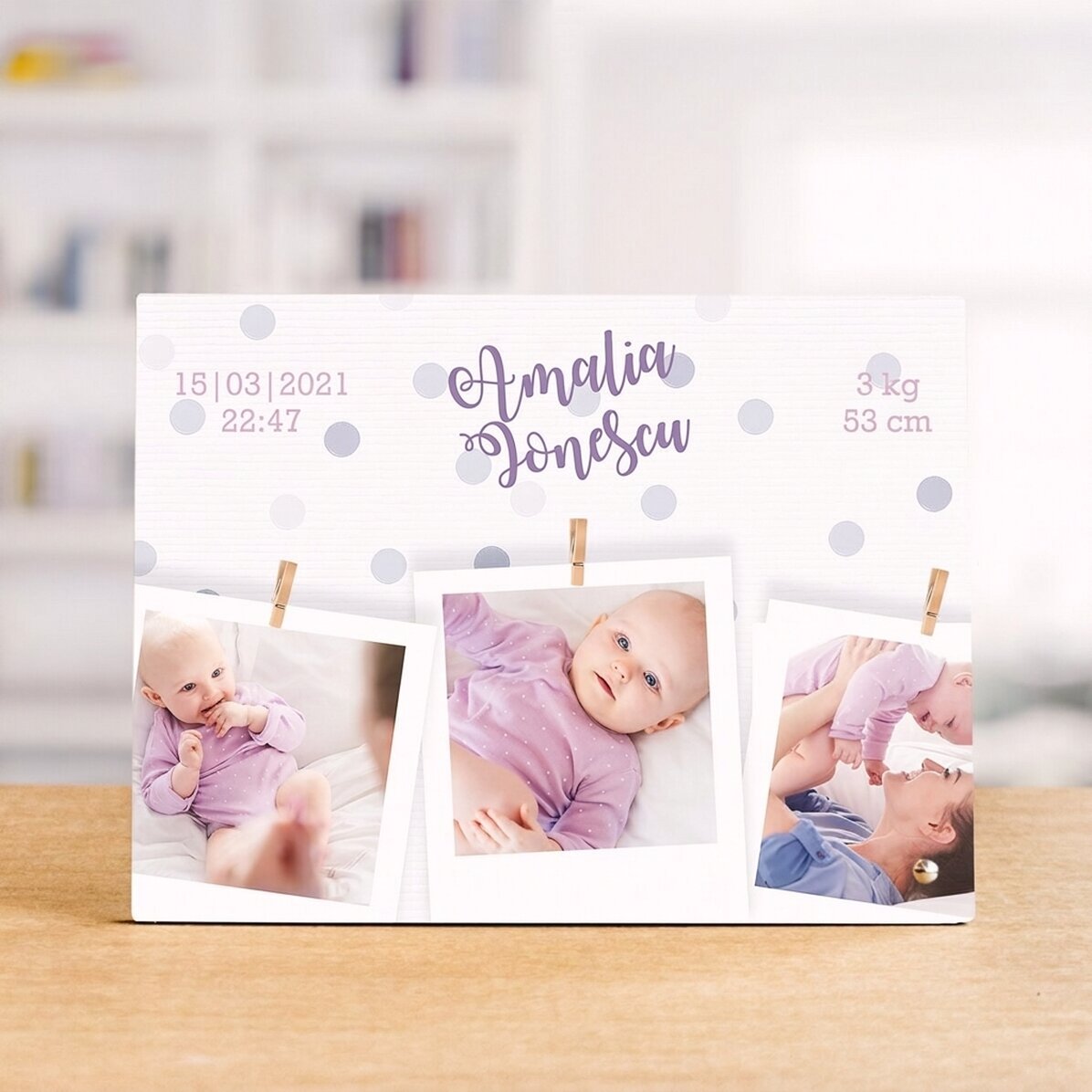 Personalised desk photo frame with 3 photos and text - Welcome, baby!