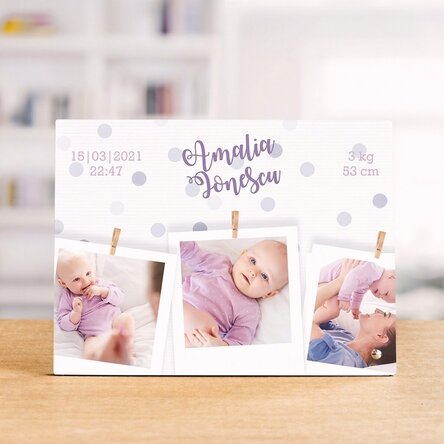 Personalised desk photo frame with 3 photos and text - Welcome, baby!