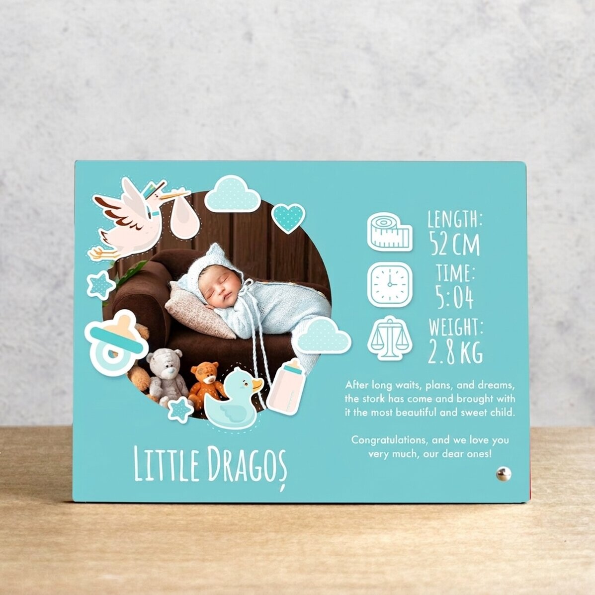 Personalised desk photo frame with a photo and text - Our little one