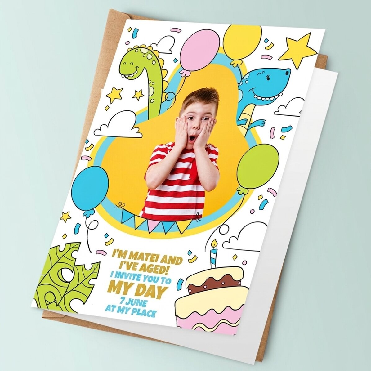 Personalised card with a photo and text - Dinosaurs
