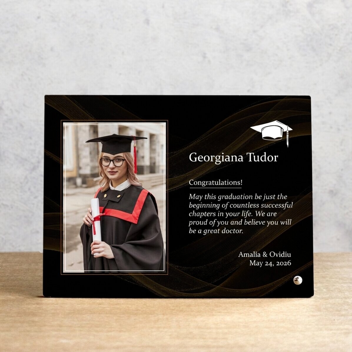 Personalised desk photo frame with a photo and text - Graduation