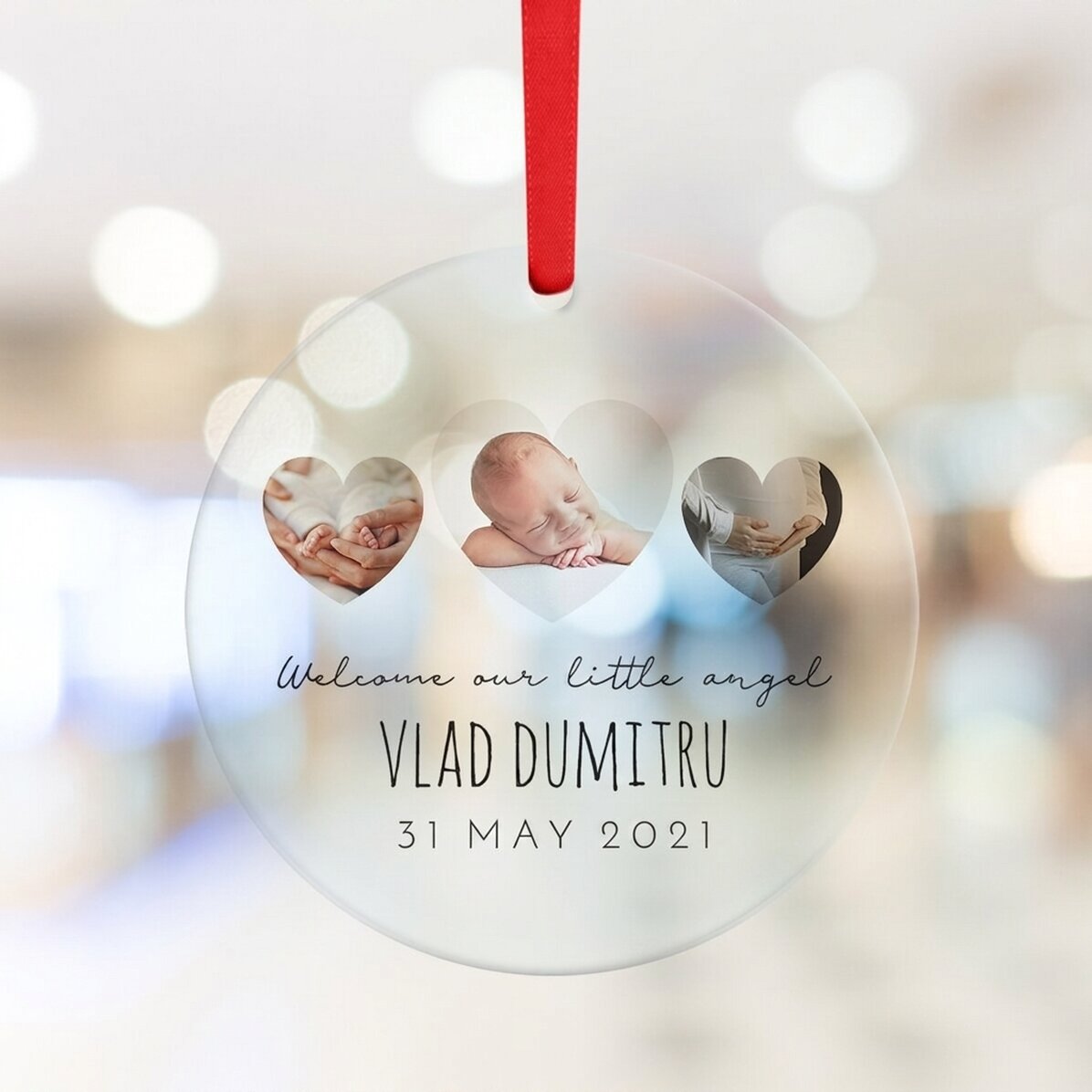 Personalised round ornament with text and photo - Newborn