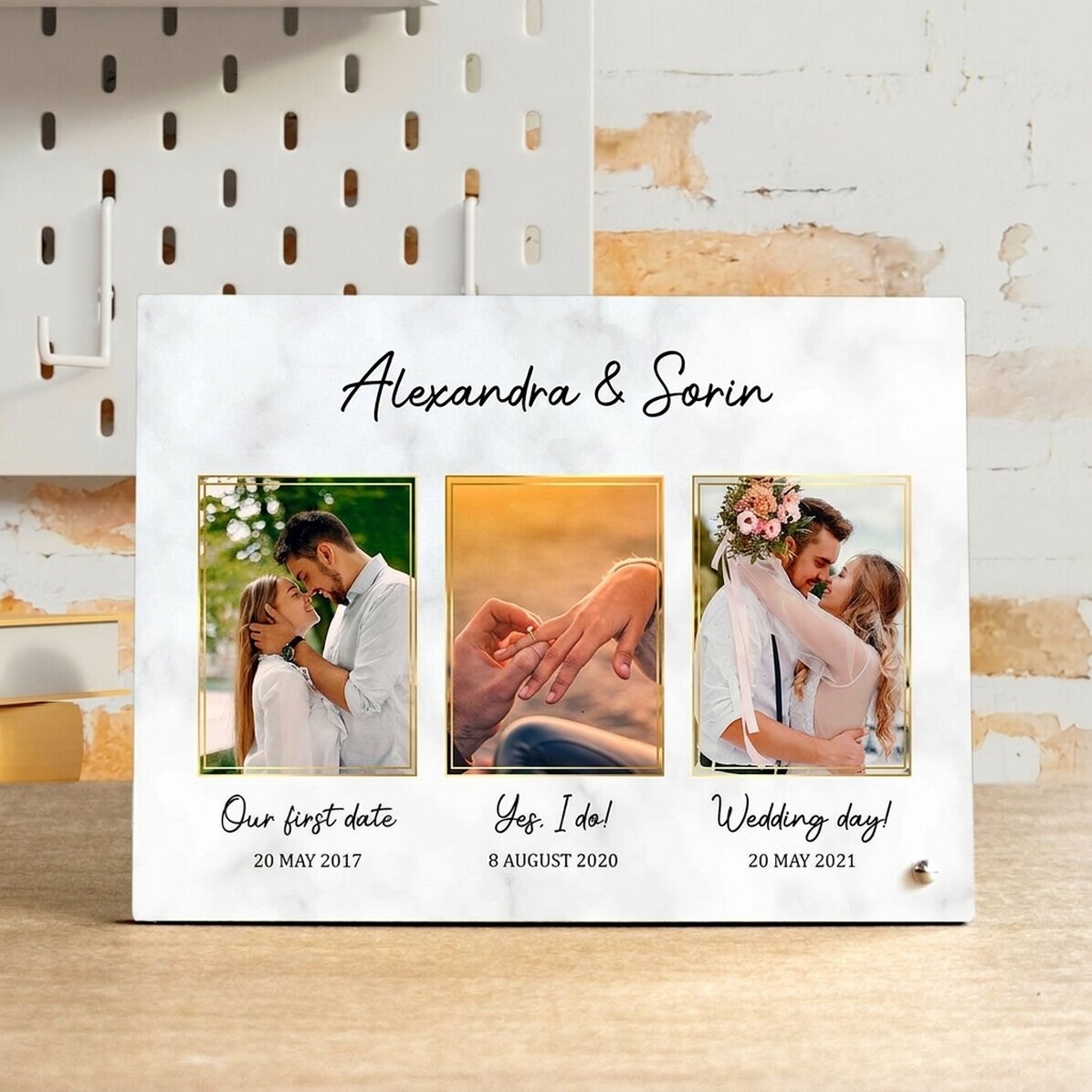 Personalised desk photo frame with 3 photos and text - Our love story