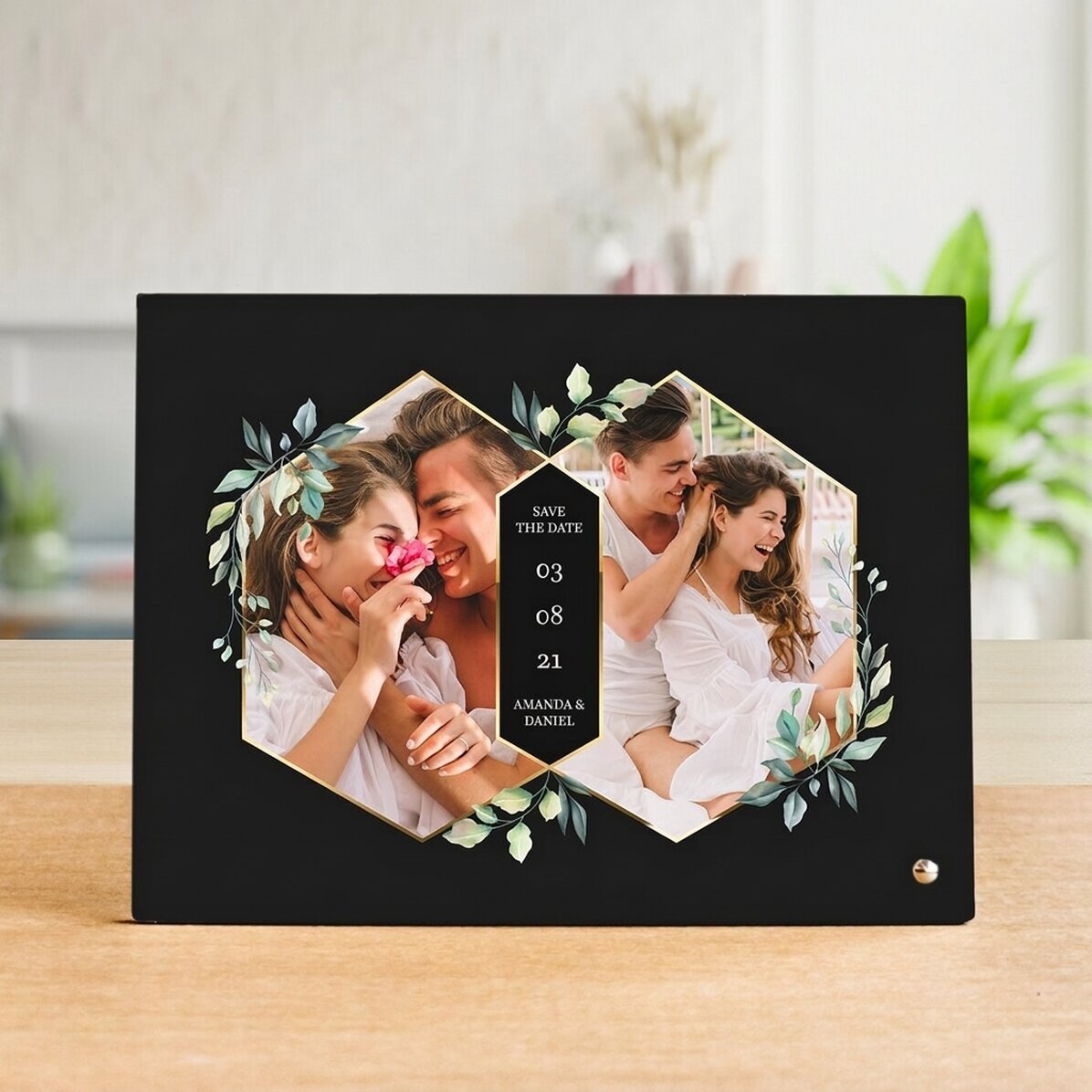 Personalised desk photo frame with 2 photos and text - Save the Date