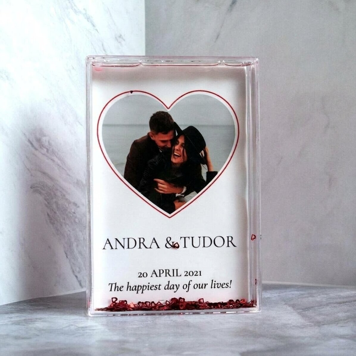 Desktop photo frame with hearts, personalised with a photo and text