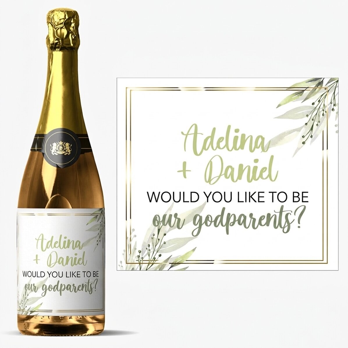 Personalised sparkling wine with text - Would you like to be our godparents?