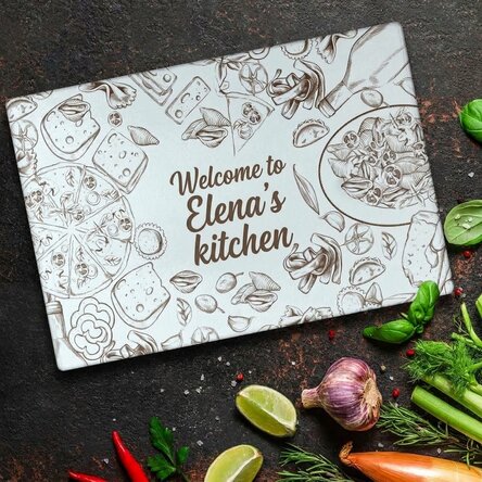 Personalised glass chopper with text - Welcome to the kitchen