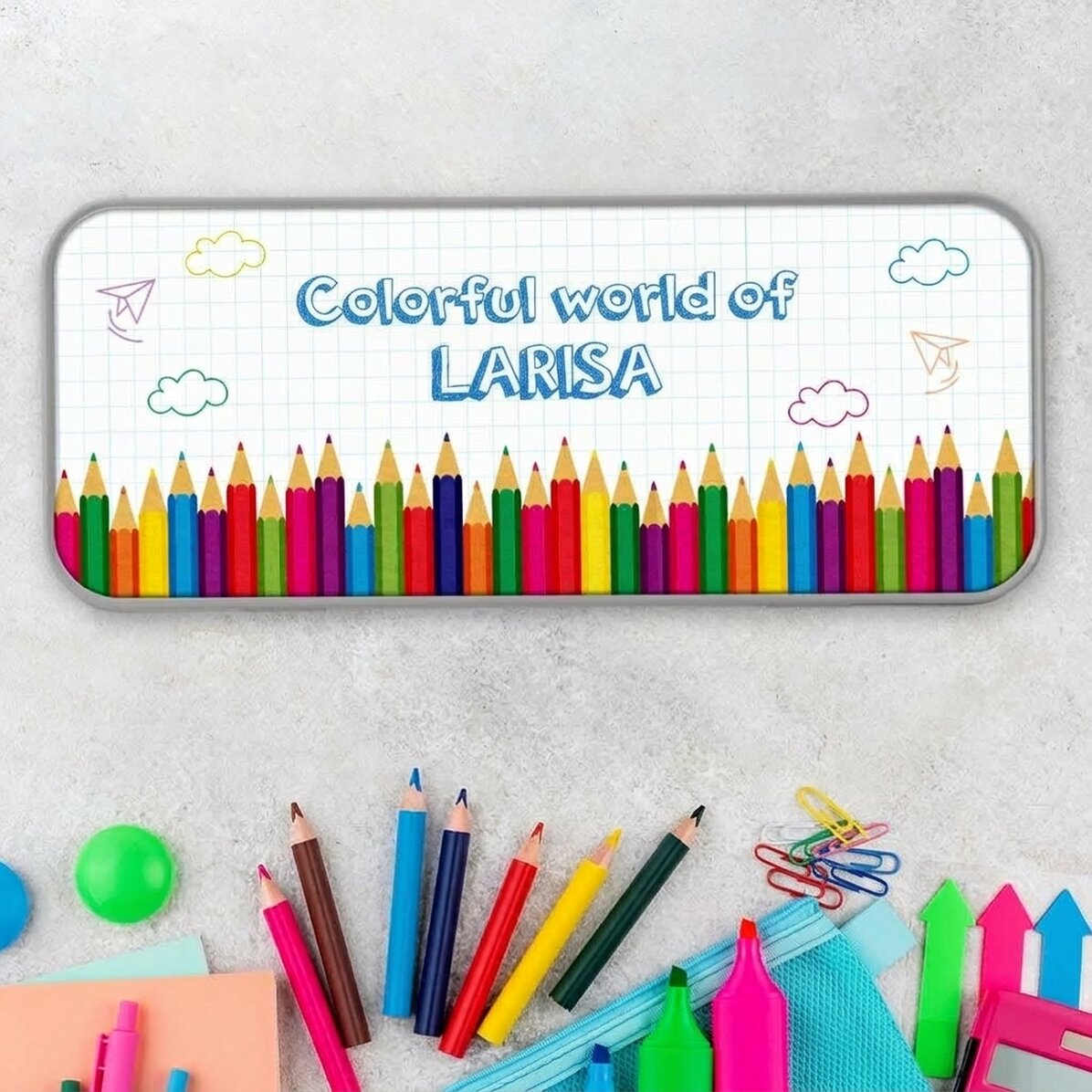 Personalised pencil case with text - A colourful world