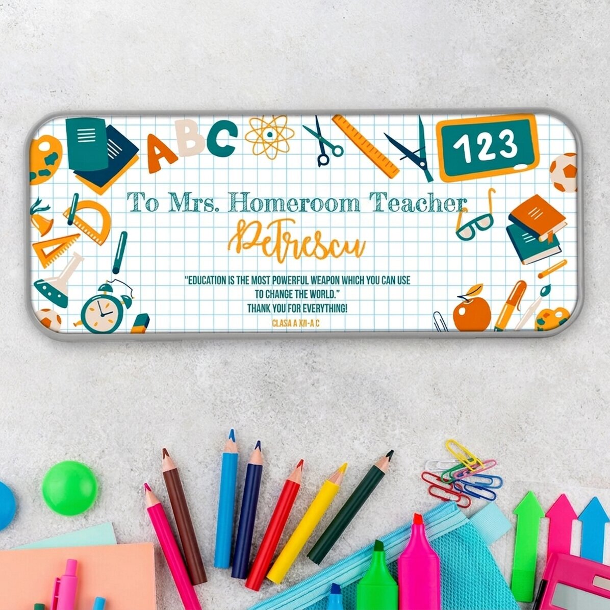 Personalised pencil case with text for teachers