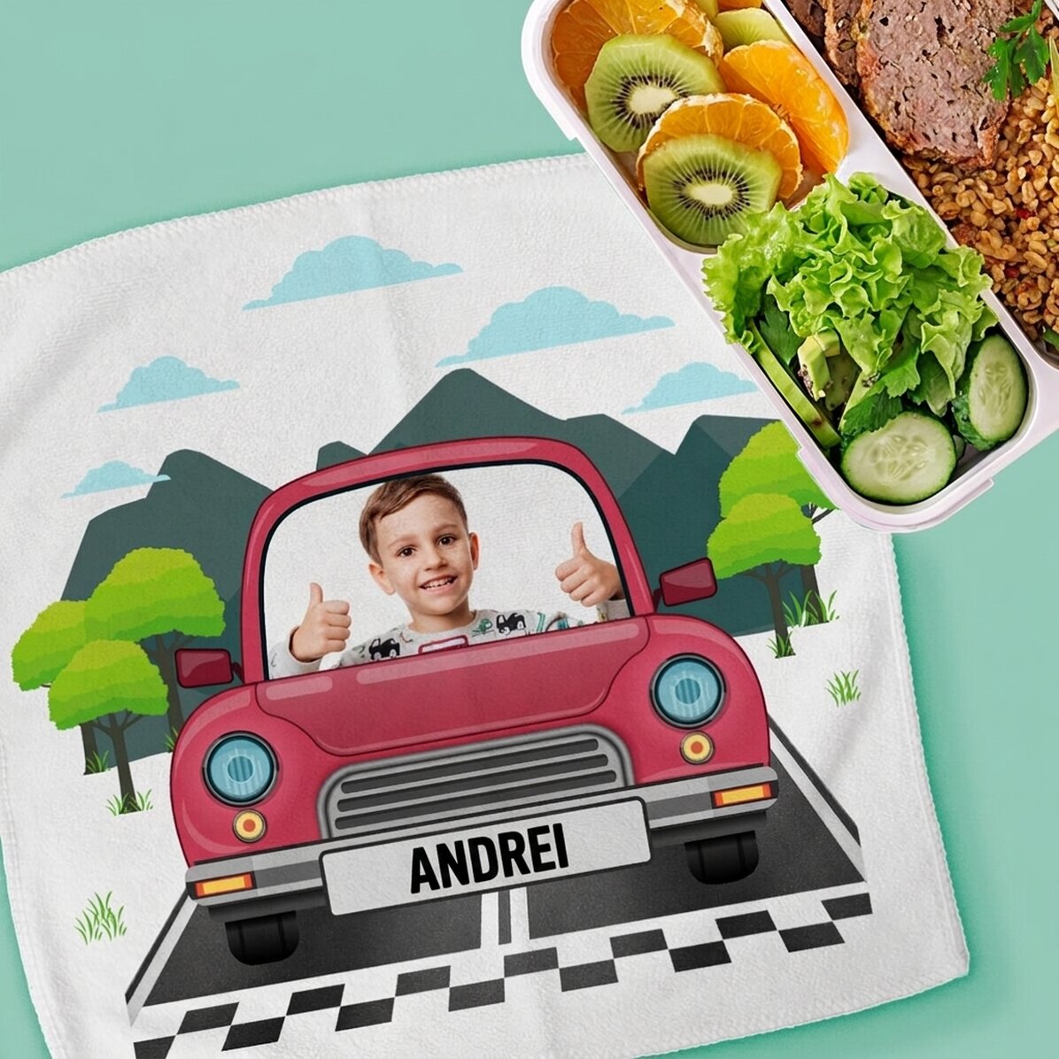 Personalised towel with a photo and text for children - Car