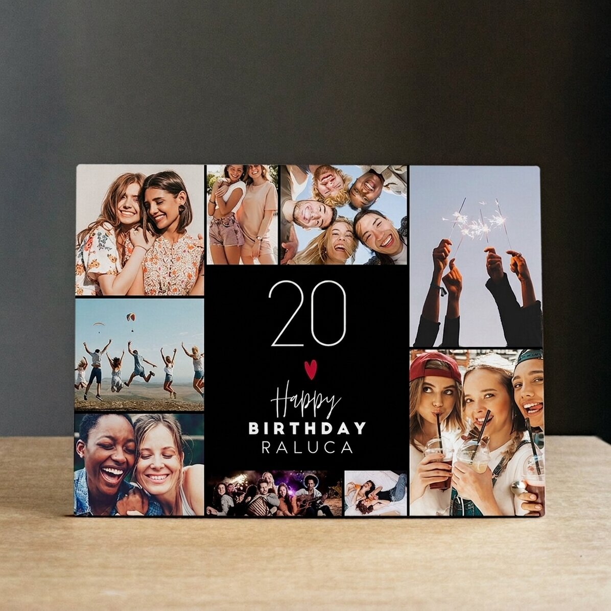 Personalised desk photo frame with 9 photos and text - Happy birthday