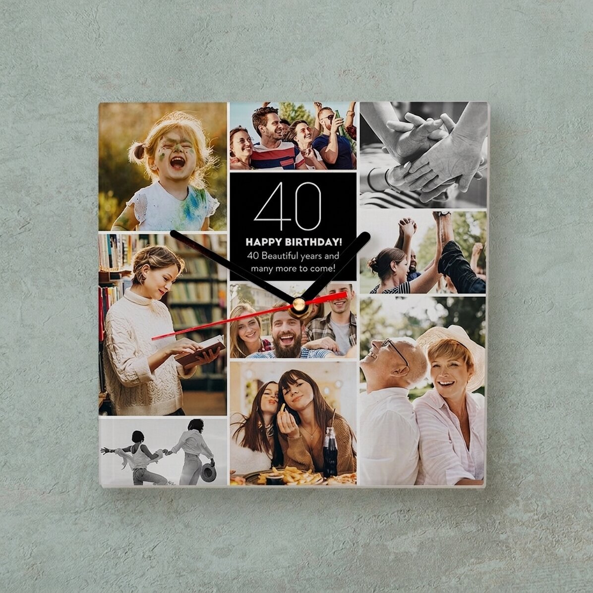 Personalised square clock with text and 9 photos - Birthday