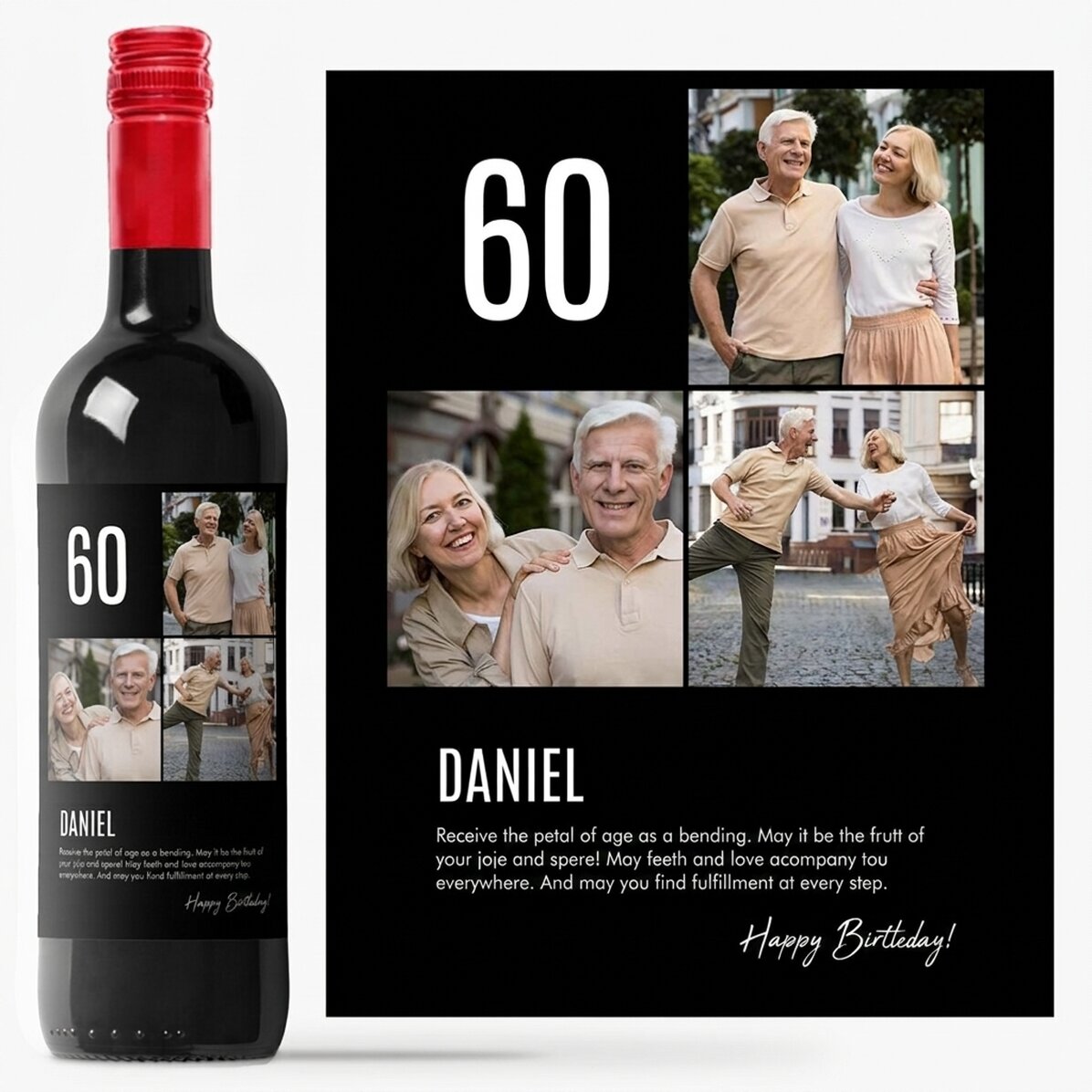 Personalised wine with text and 3 photos for a birthday - 60