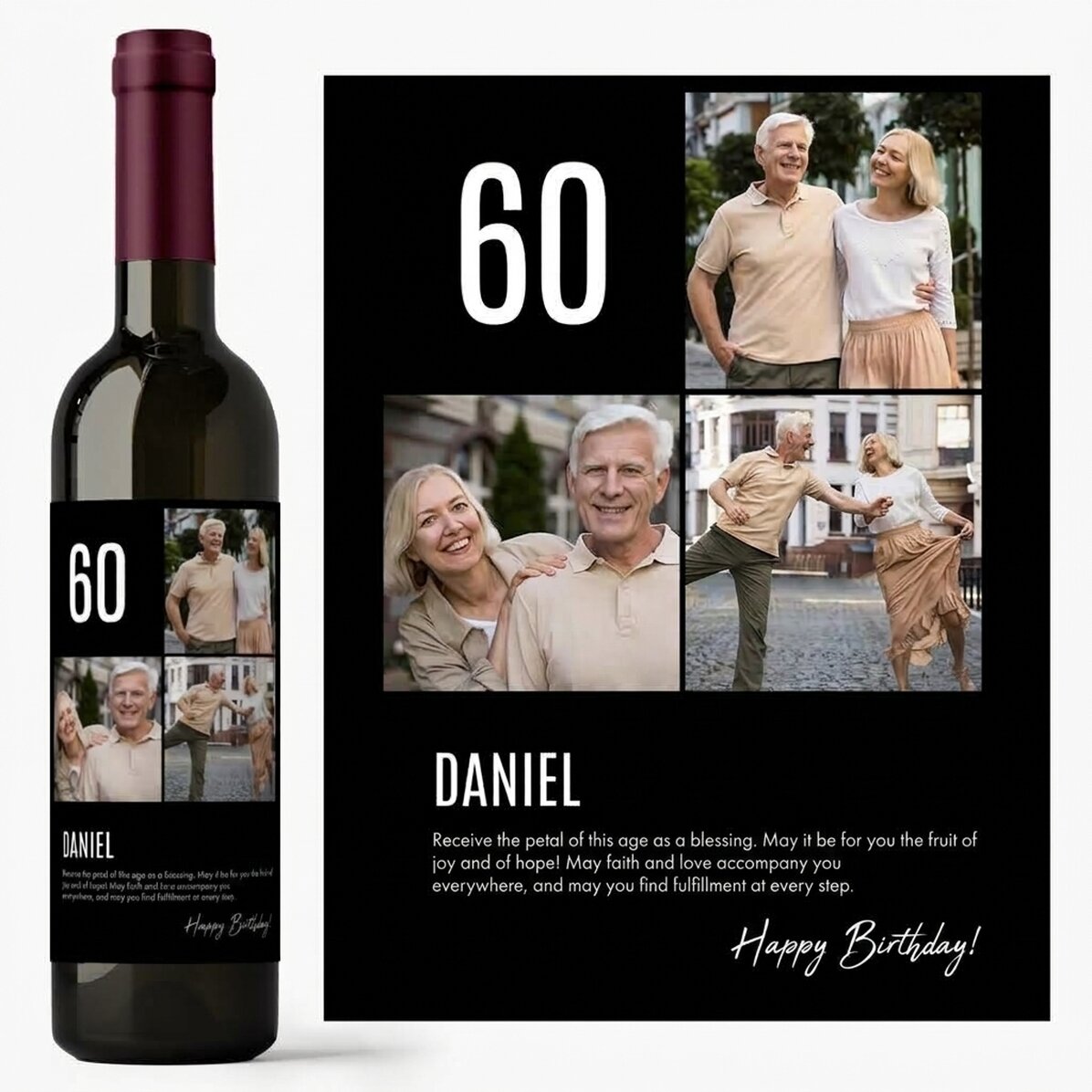 Personalised wine with text and 3 photos for a birthday - 60