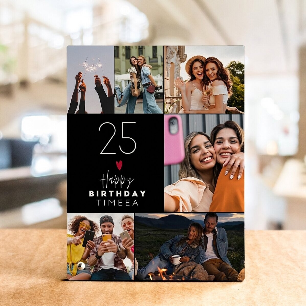 Personalised desk photo frame with 6 photos and text - Happiness