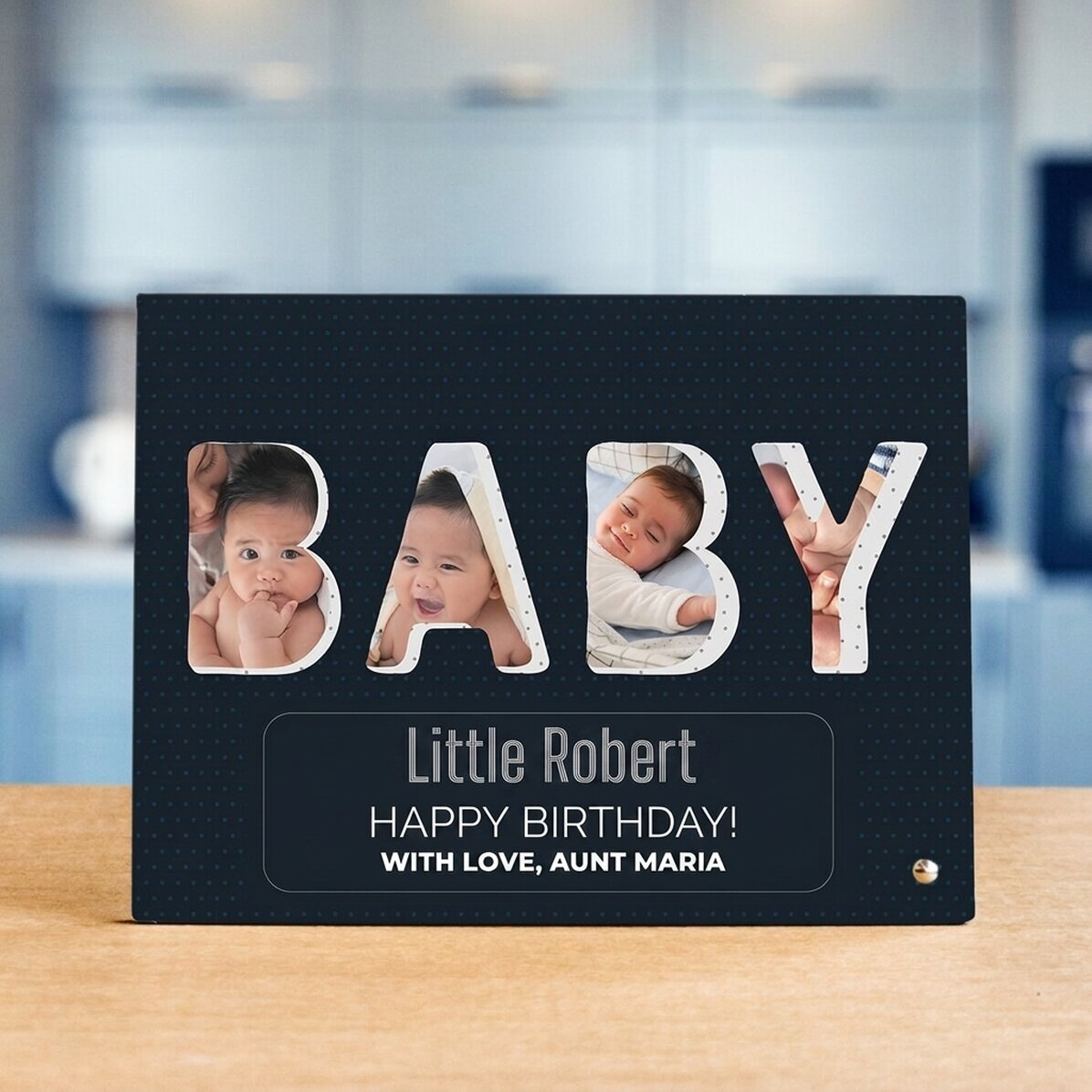 Personalised desk photo frame with 4 photos and text - Baby