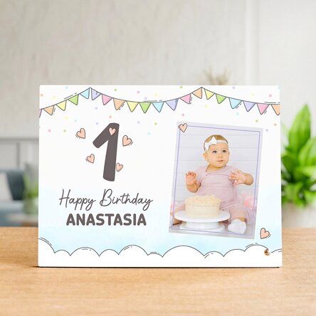 Personalised desk photo frame with a photo and text for children