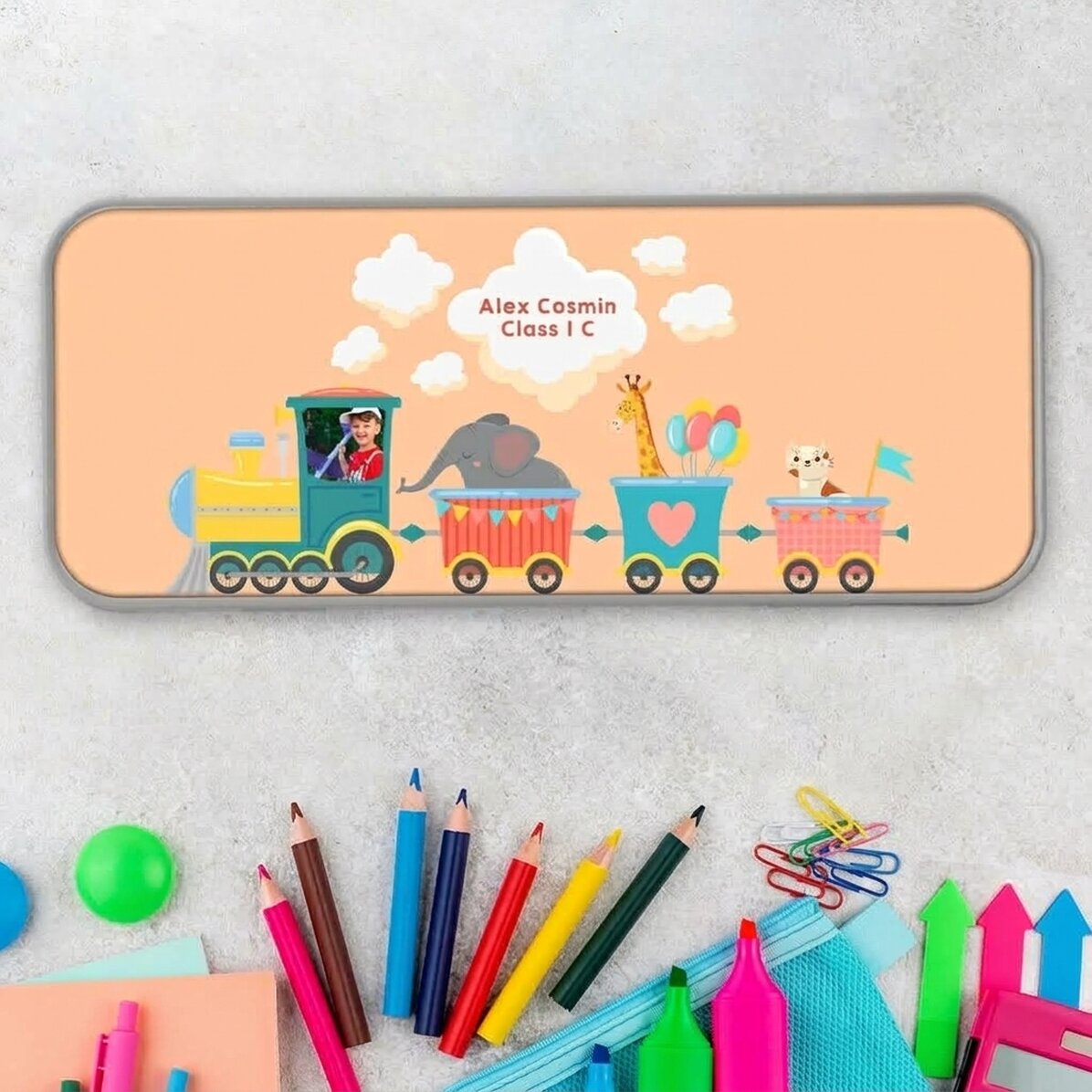 Personalised pencil case with a photo and text - Train