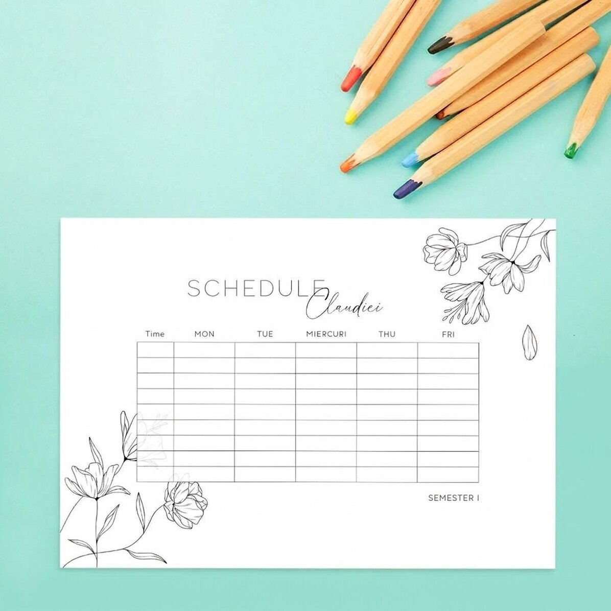 Personalised timetable with name - Flowers