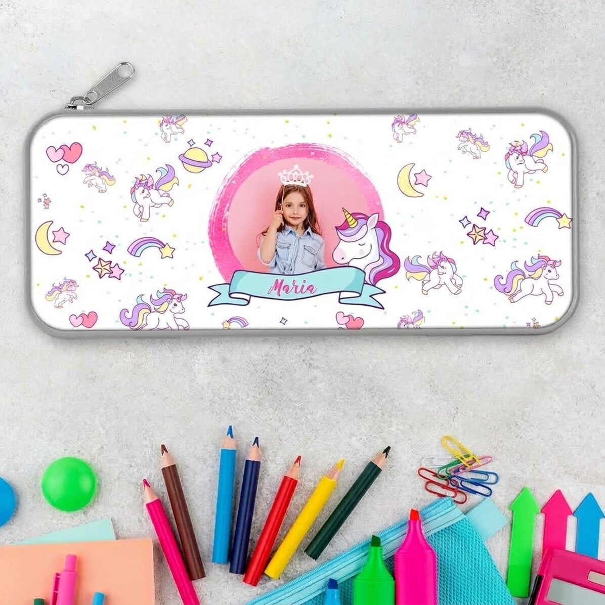 Personalised pencil case with a photo and text - Unicorn