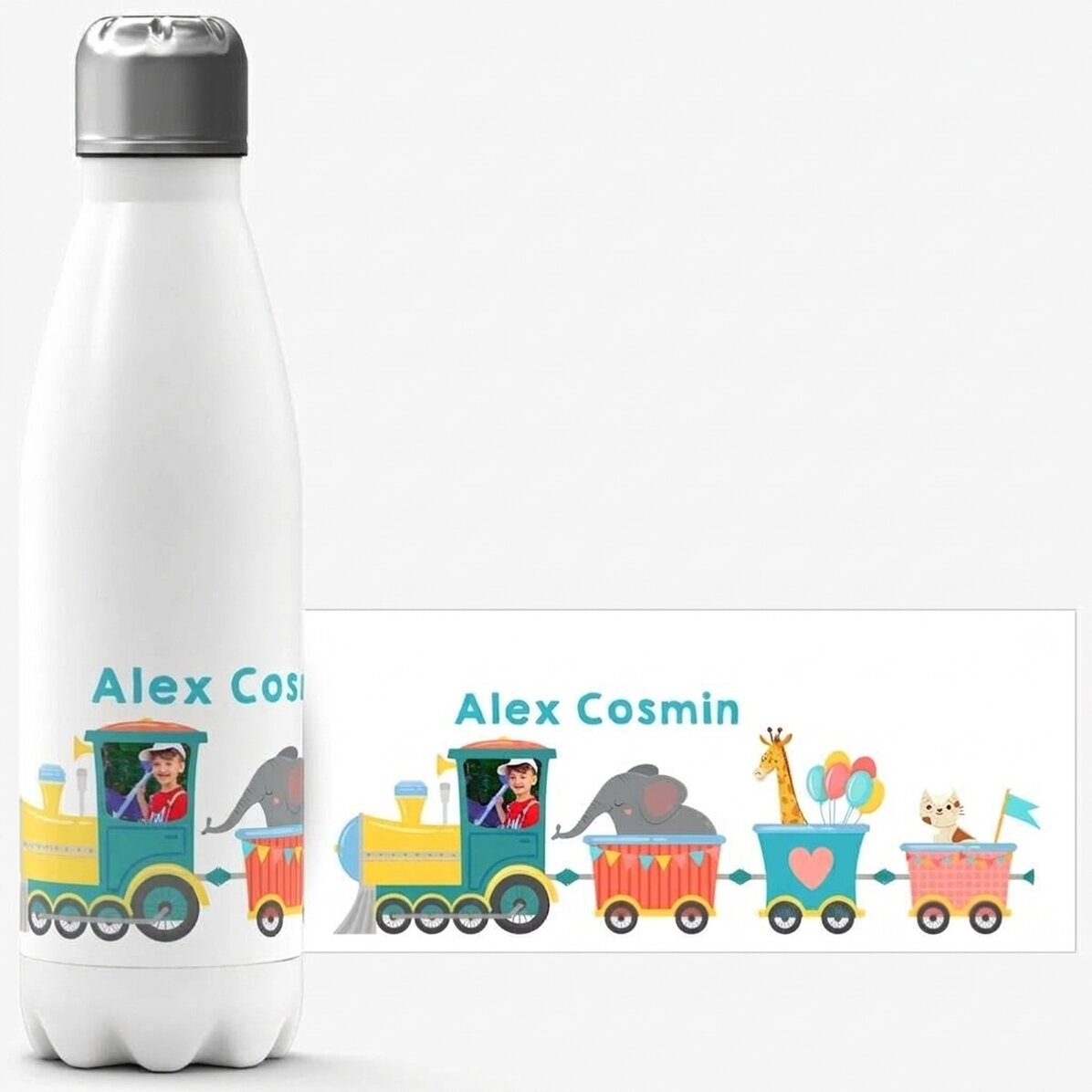 Thermos with white base personalised with name - Train