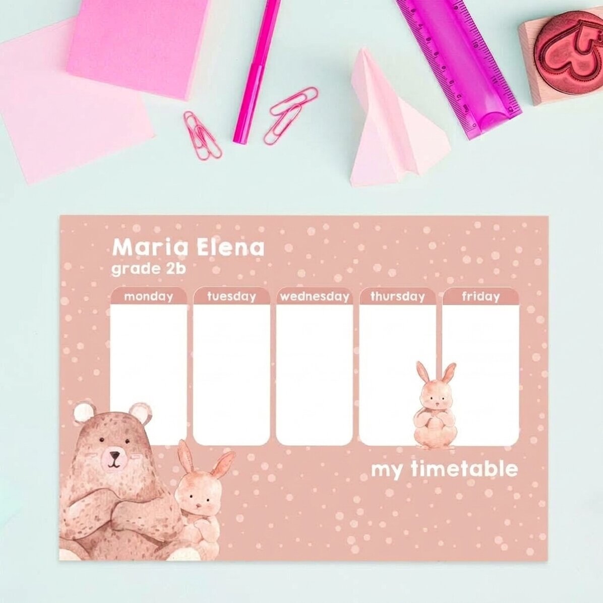 Personalised timetable with text - Cute animals