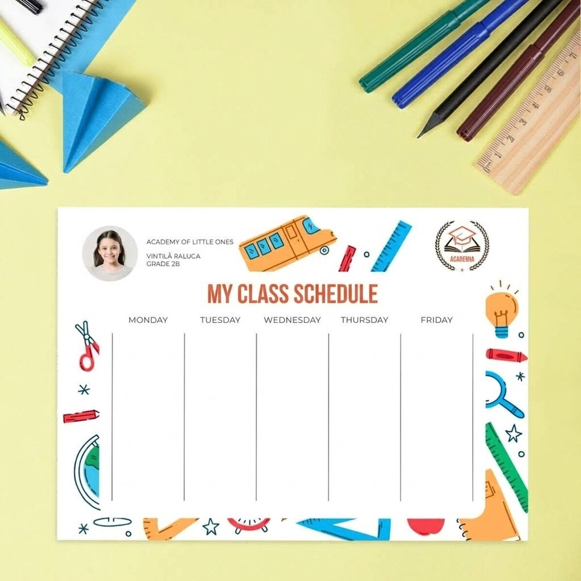 Personalised timetable with text, photo and logo