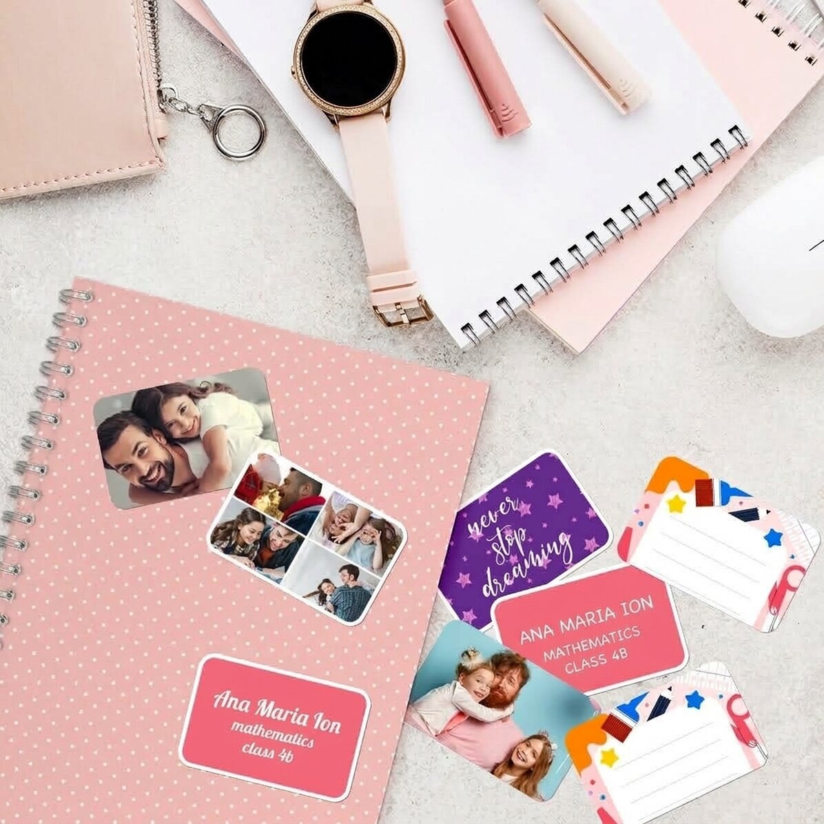 Set of 8 customised stickers (self-adhesive labels) for school