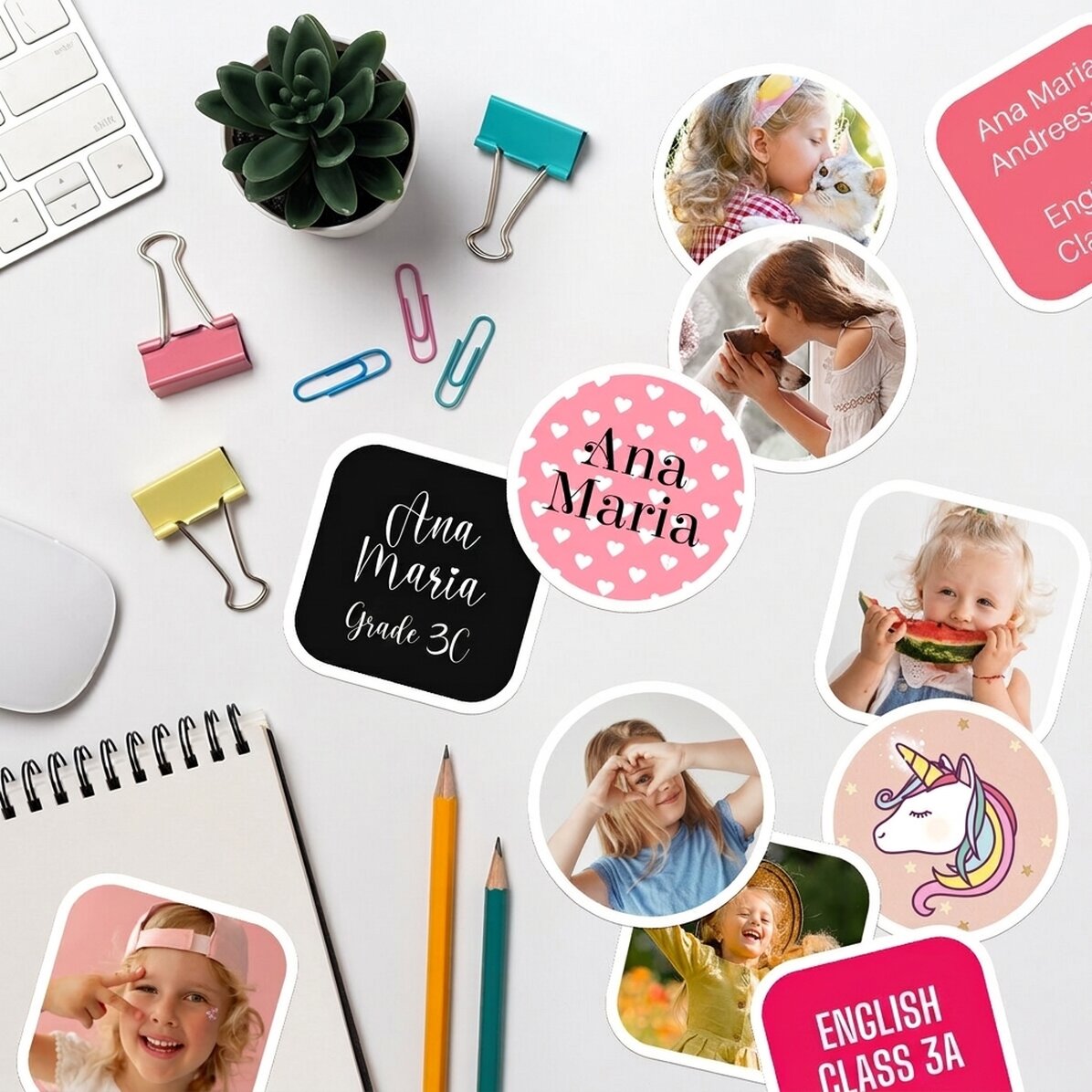Set of 12 customised stickers (self-adhesive labels) for school