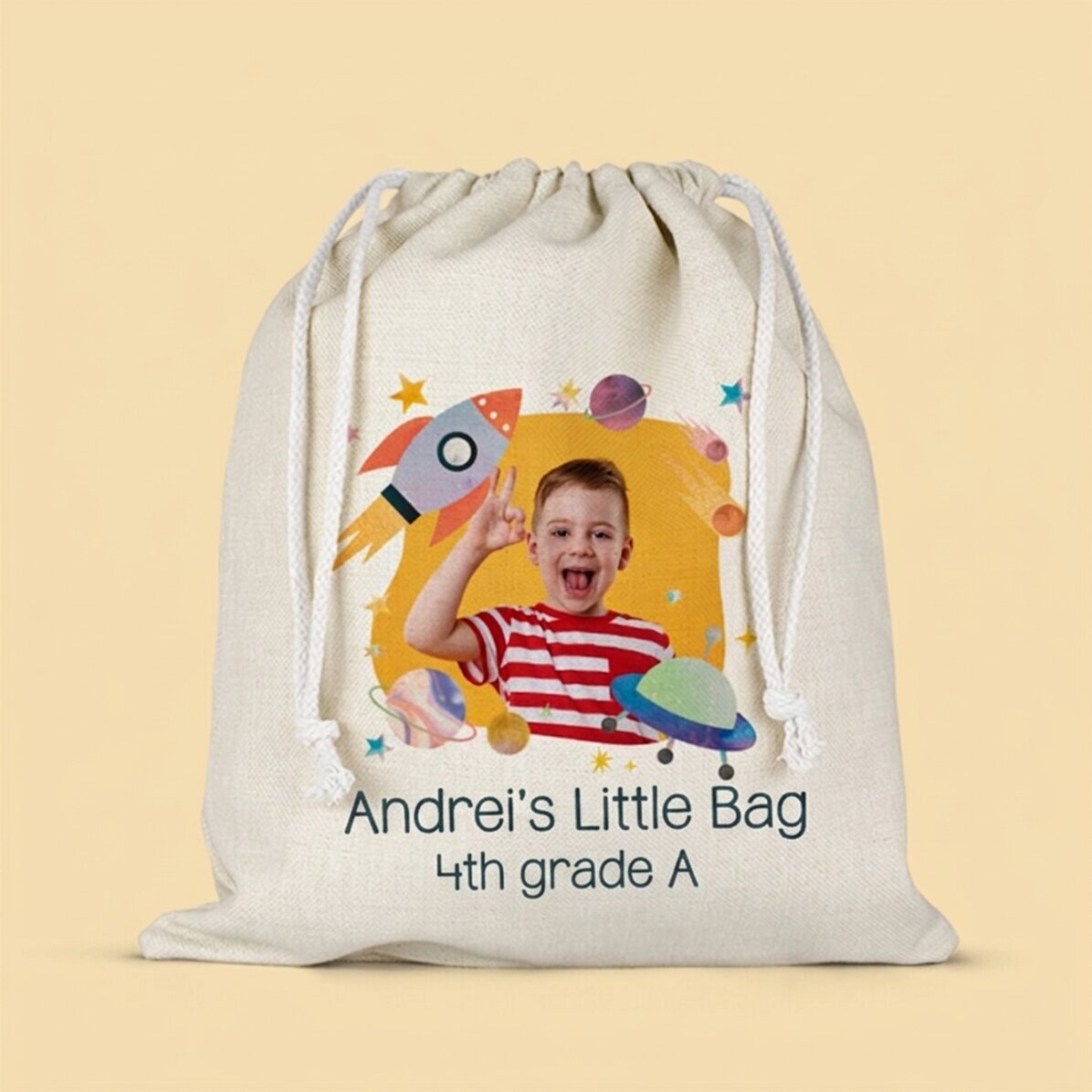 Personalised nursery bag with text and a photo - Space rocket