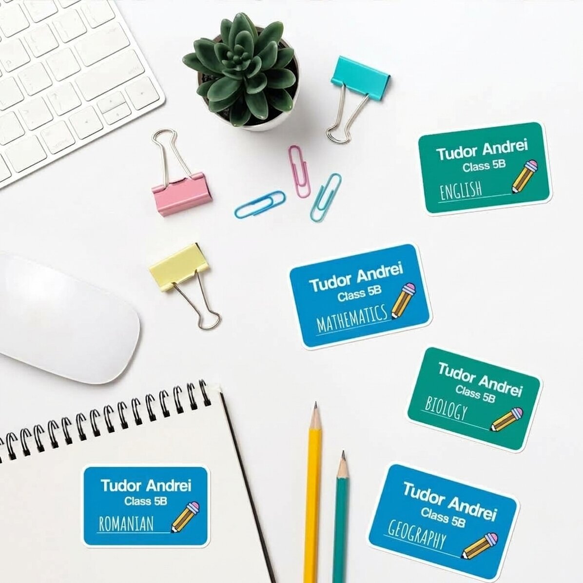 Set of 8 customised stickers (self-adhesive labels) for school with text - coloured background