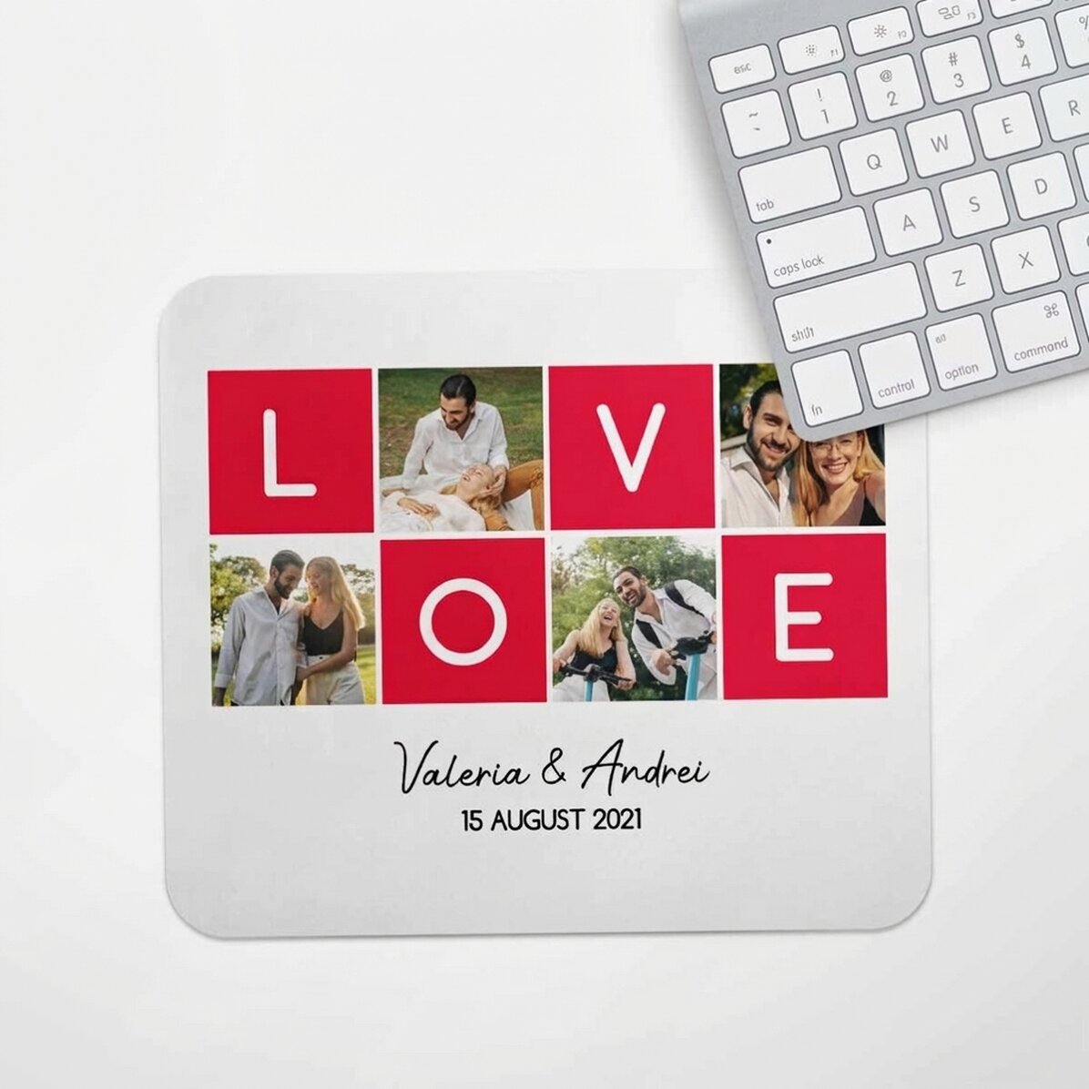 Personalised mouse pad with 4 photos and text - LOVE