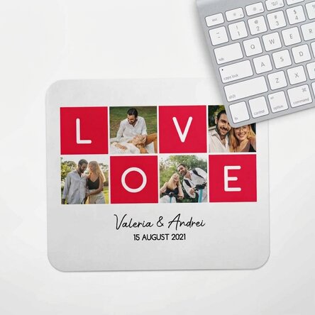 Personalised mouse pad with 4 photos and text - LOVE
