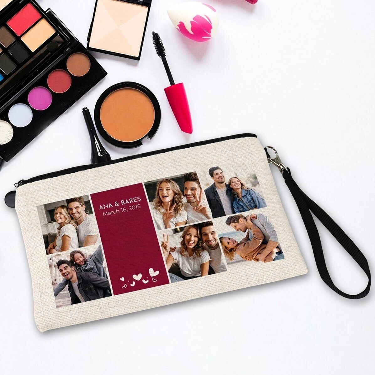 Personalised cosmetics bag with text and 6 photos