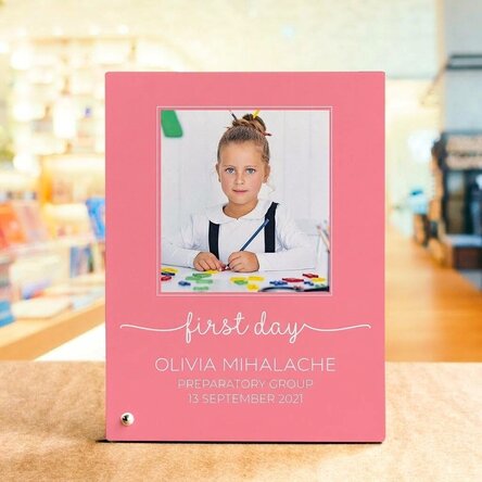 Personalised desk photo frame with a photo and text - My first day