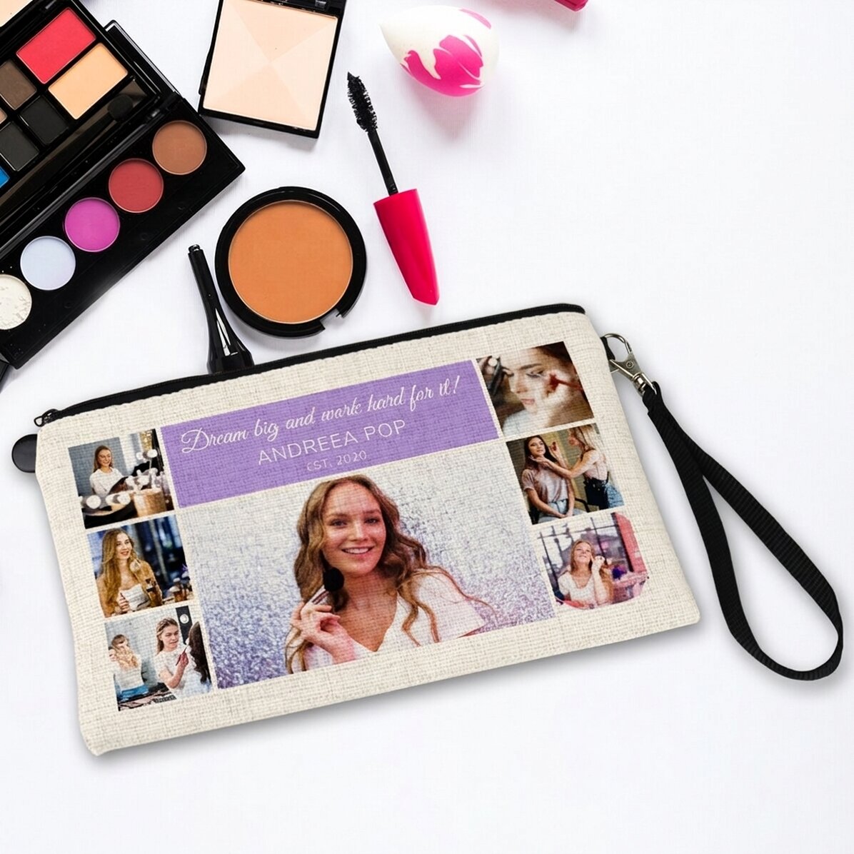 Personalised cosmetics bag with 7 photos and text