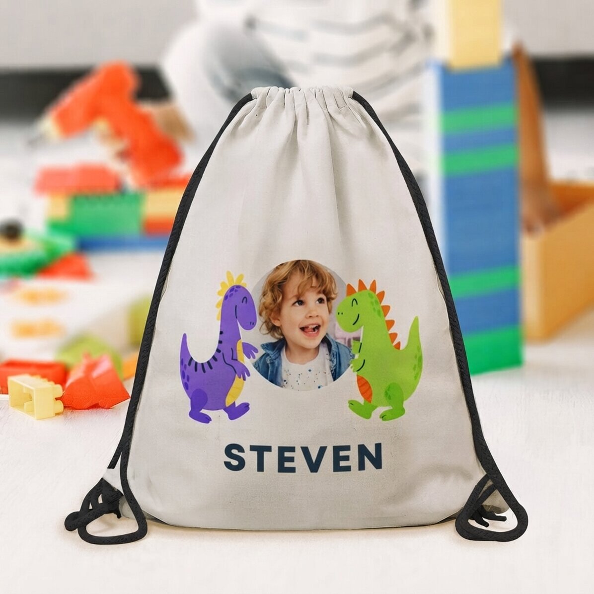 Personalised backpack with a photo and text - Happy dinosaurs