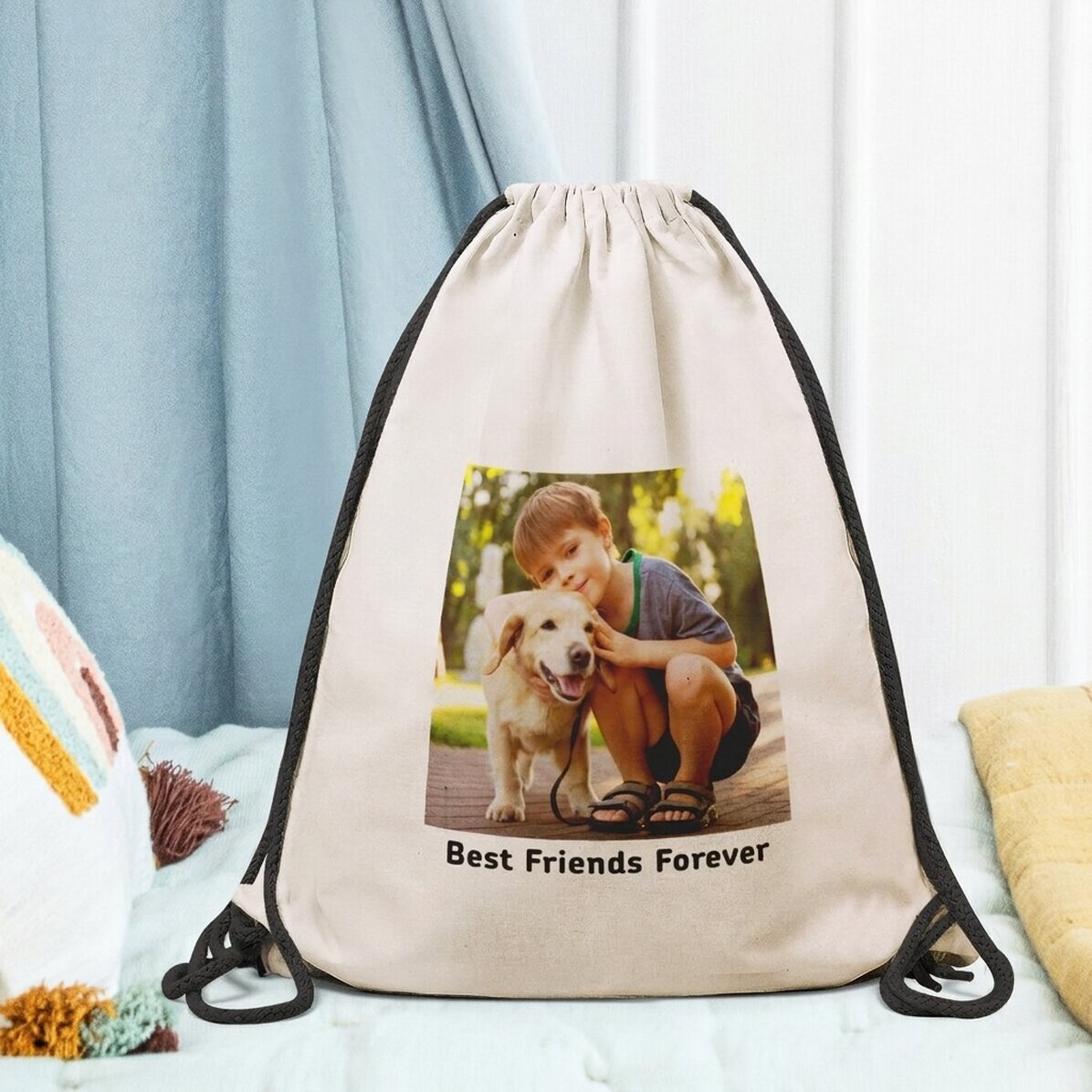 Personalised rucksack with a square photo and text