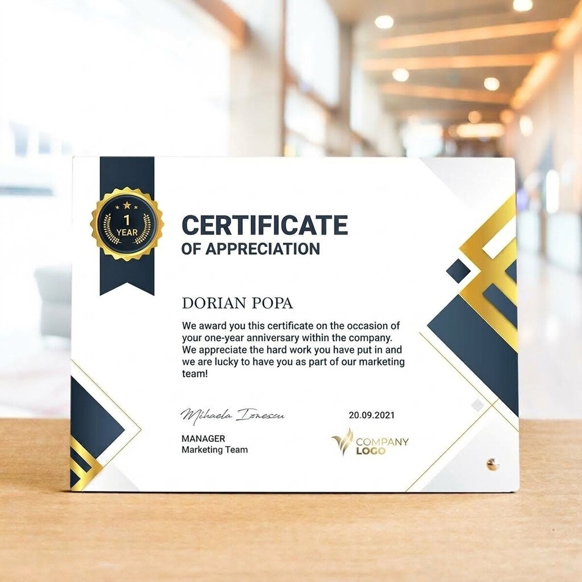 Personalised desk photo frame with logo and text - Employee appreciation