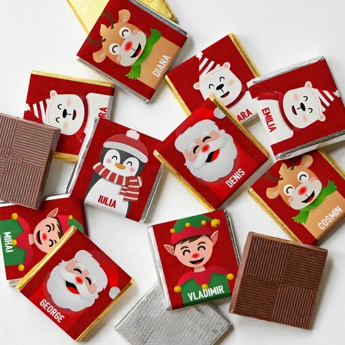 Set of 10 mini chocolates personalised with names - Merry Christmas