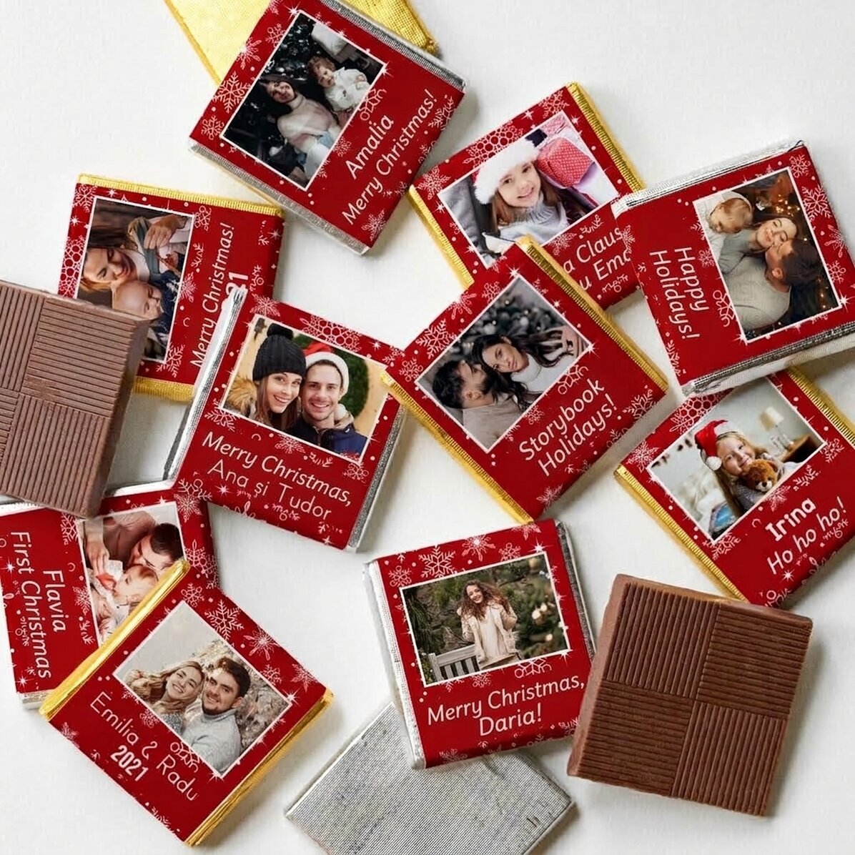Set of 10 mini chocolates personalised with photos and text - Snowflakes