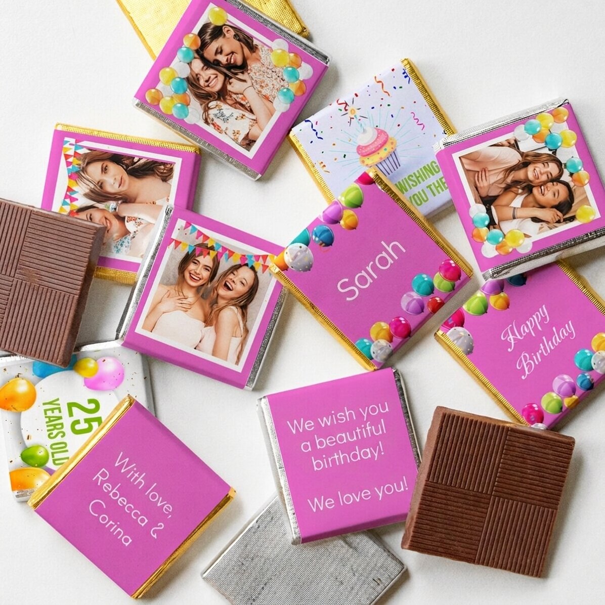 Set of 10 mini chocolates personalised with photos and text - Happy birthday