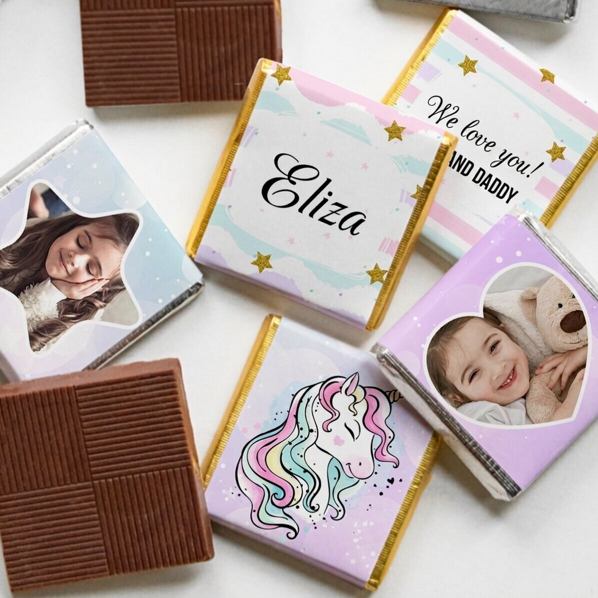 Set of 5 mini chocolates personalised with photos and text - Unicorn