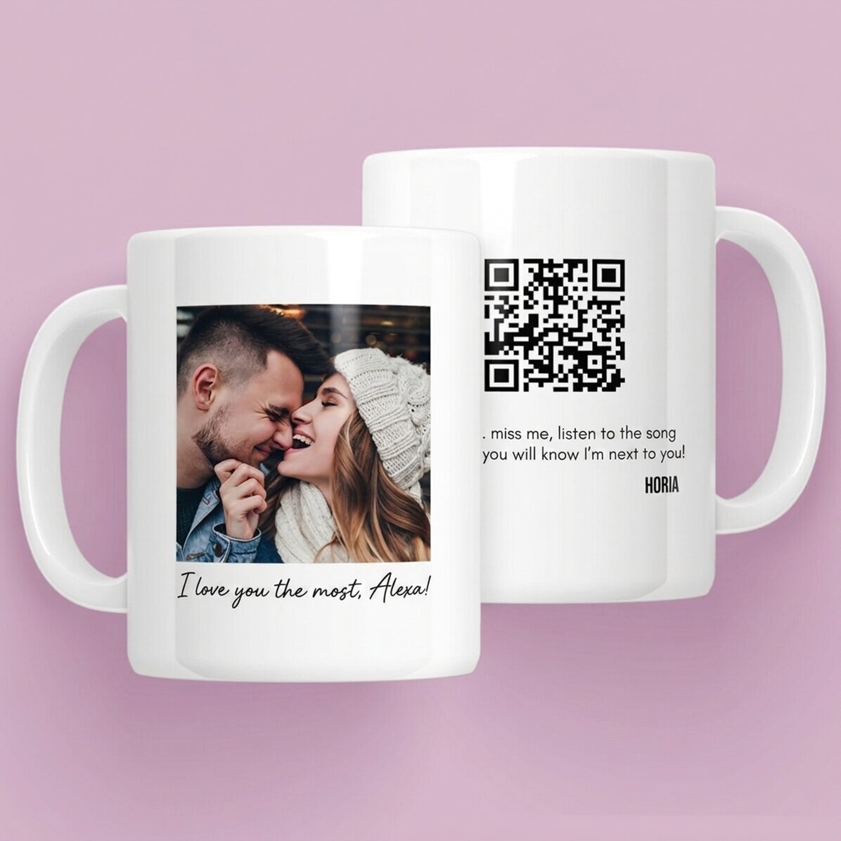 Personalised mug with a photo, message and QR code