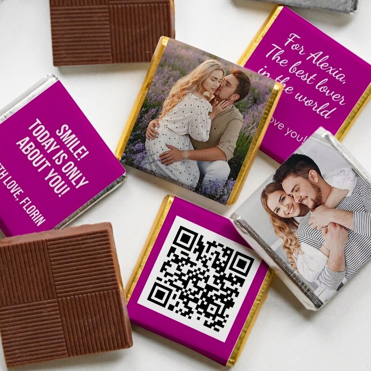Set of 5 mini chocolates personalised with photos, QR code and text - For someone special