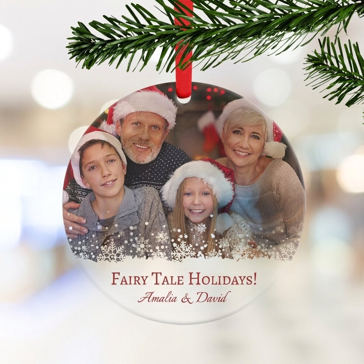 Personalised round ornament with a photo and Christmas message