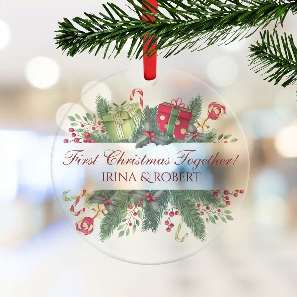 Personalised round ornament with text - Merry Christmas